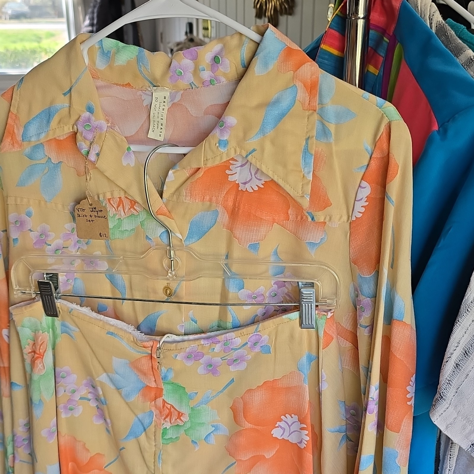 Lightweight Floral Skirt & Blouse Set Yellow Orange Blue Green Purple