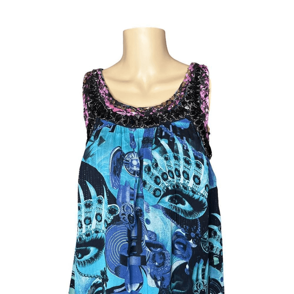 Custo Barcelona Silk Blend Beaded Tunic Dress Abstract Print Blue Size 36 XS (08