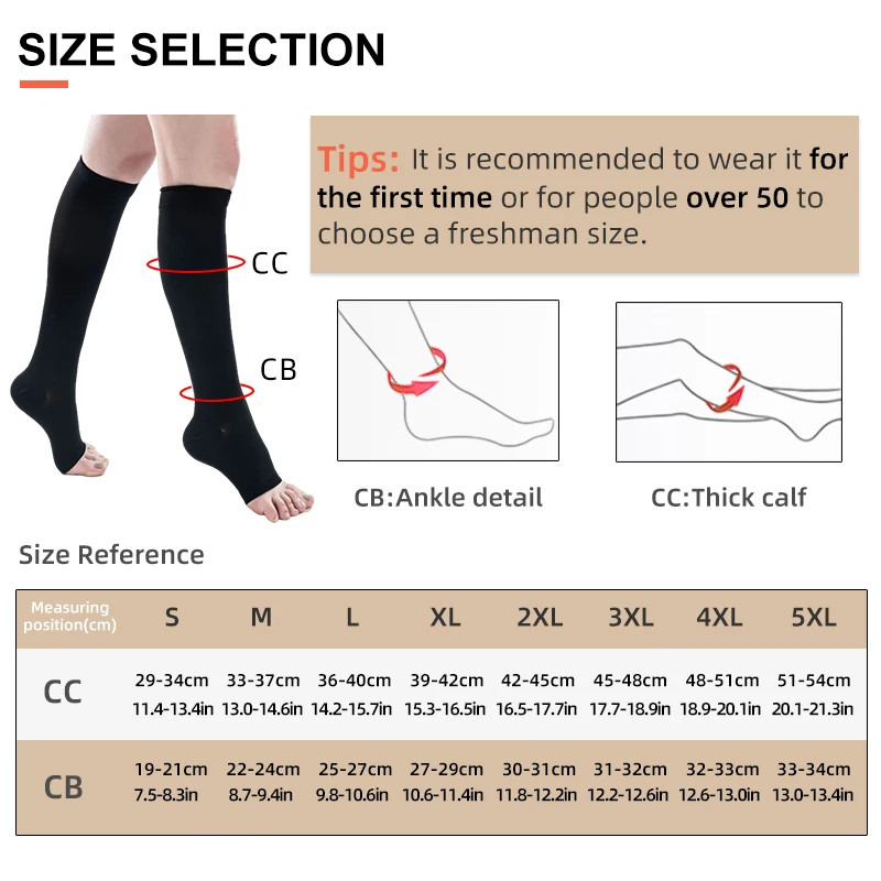 Plus Size 34-46mmHg Medical Compression Stockings Unisex Grade Open Toe Socks
