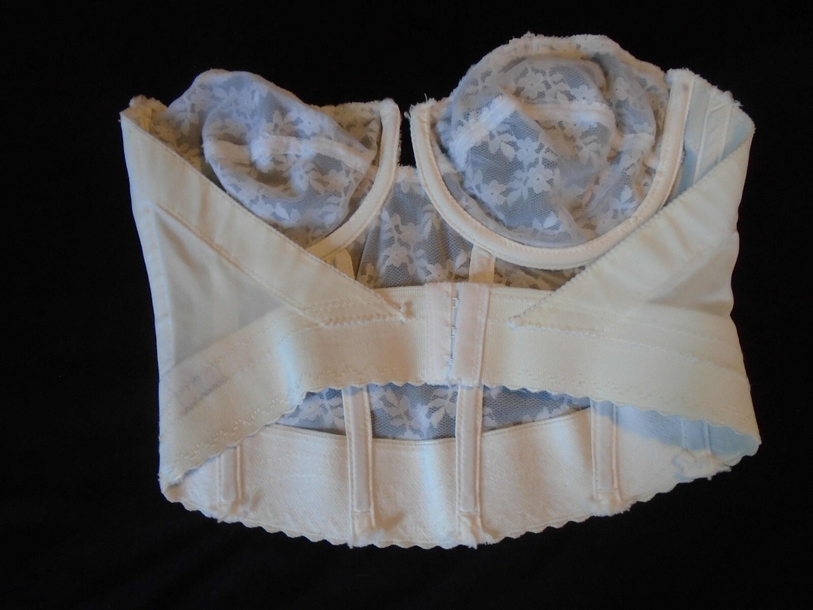 34C White Sheer Lace Boned Vintage YOUNG SMOOTHIE Backless Bustier Bra #480 34C