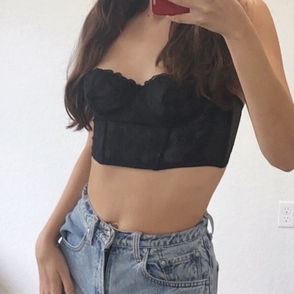Vintage Sheer Black Lace Corset Bustier Crop Top Small