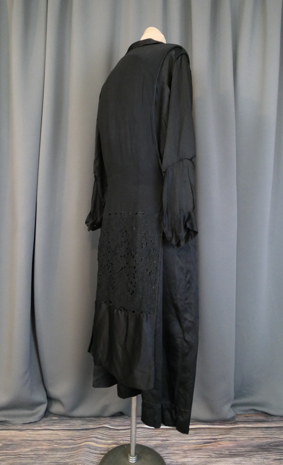 Damaged 1910s Black Silk Satin Dress, Eyelet Panel, 40 inch bust, Ankle length