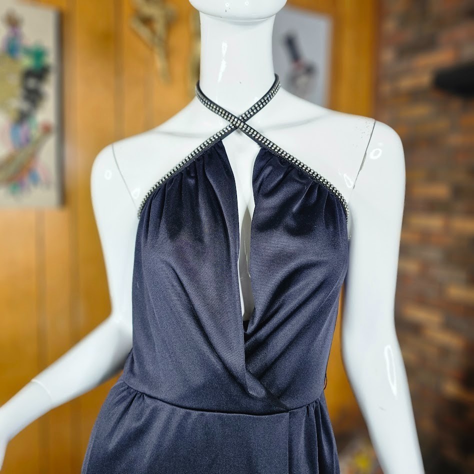Vtg 70s Slinky Disco Plunging Liquid Jersey Lilli Diamond Halter Evening Dress S