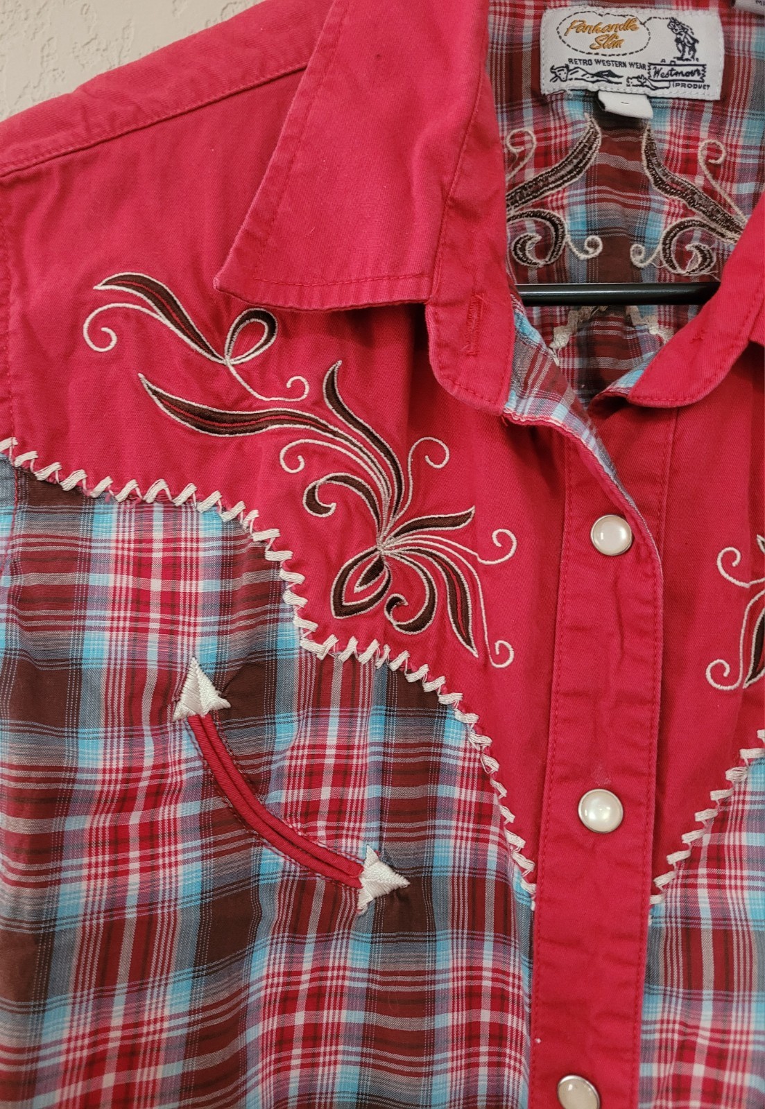 VTG Panhandle Slim Western Shirt Embroidered Women’s L Short Sleeve Pearl Snap