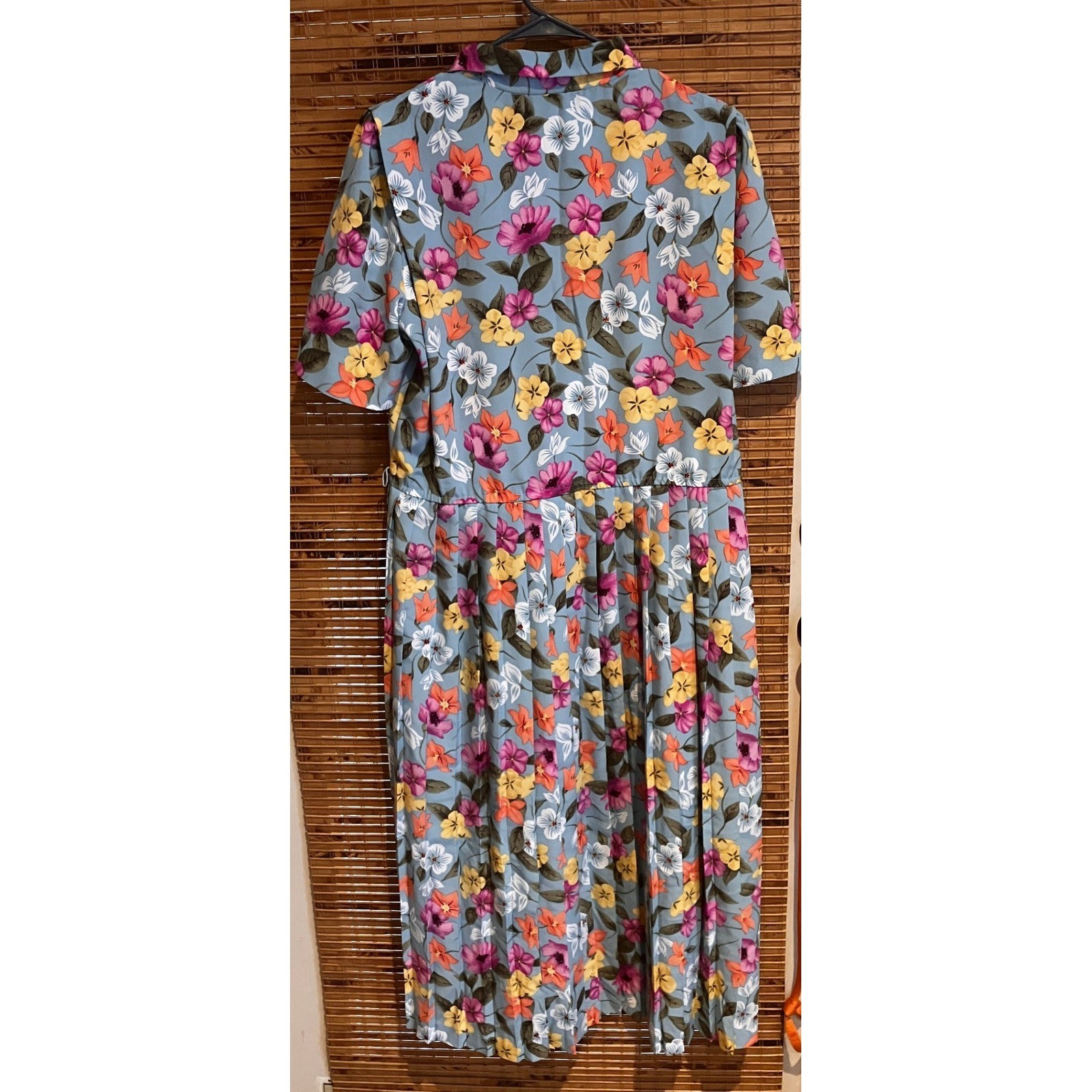 Lady Carol of New York Vintage Floral Pleated Midi Dress Blue Short Sleeve 80s