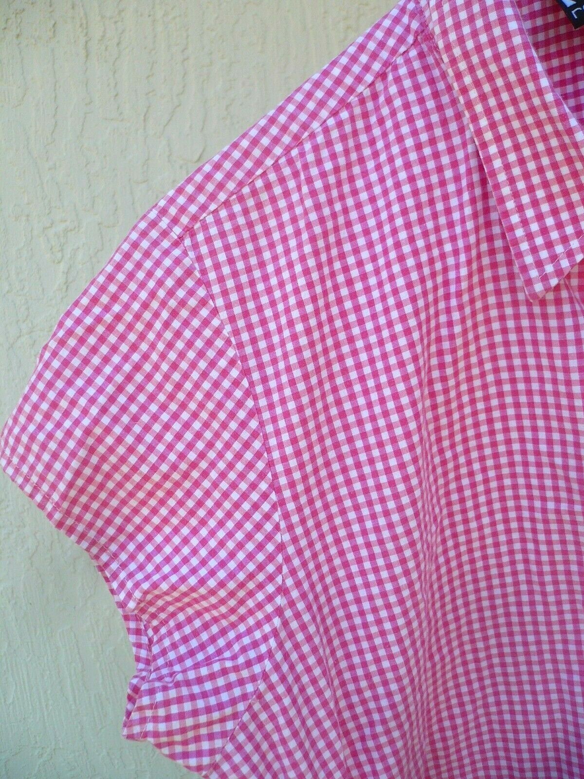 VTG 90S ROCKIES L M WOMENS SHIRT BUTTON UP SHORT SLEEVE FITTED PINK CHECK COTTON
