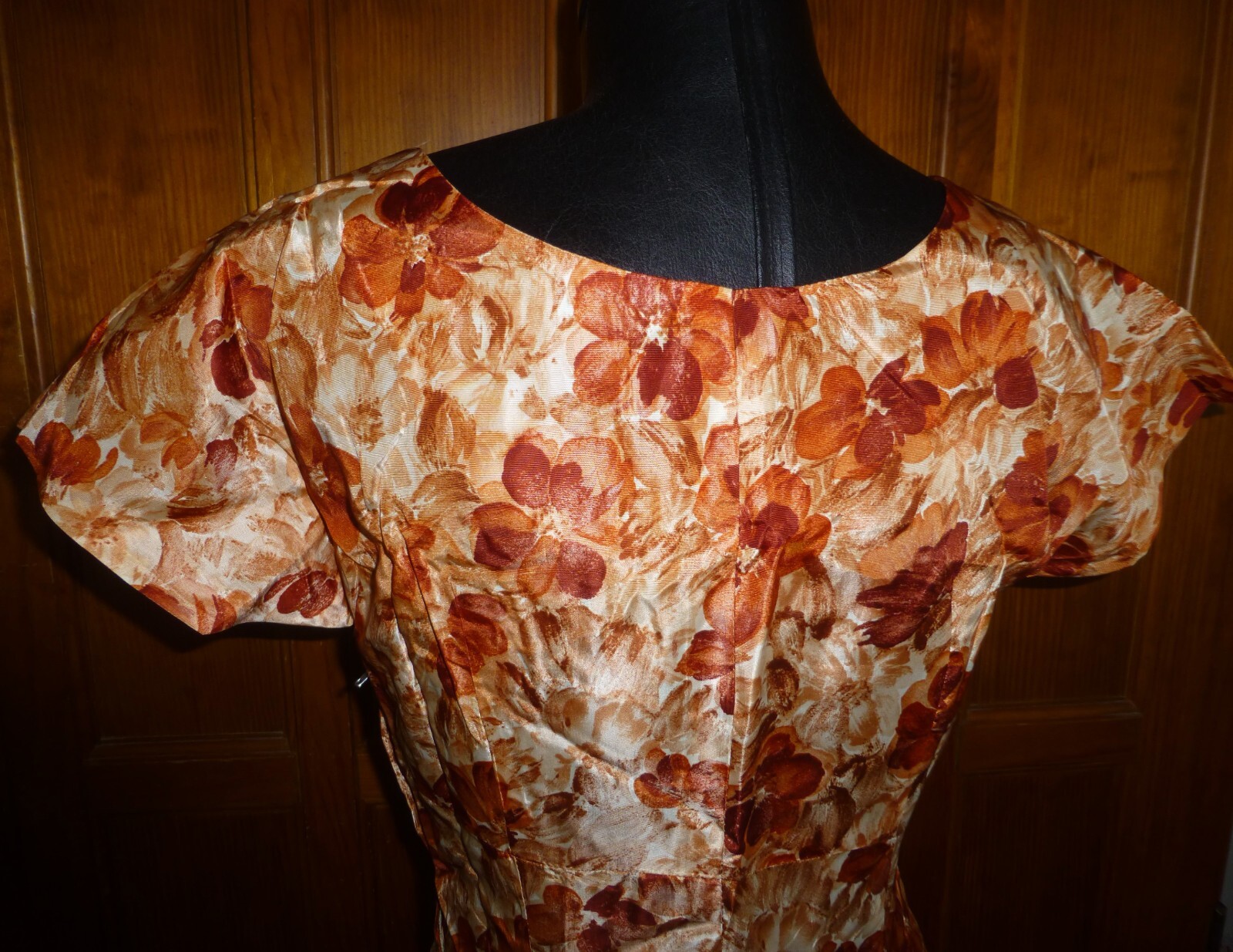 Vtg 50s 60s Watercolor Floral Print satin Princess Seam Wide Skirt DRESS M