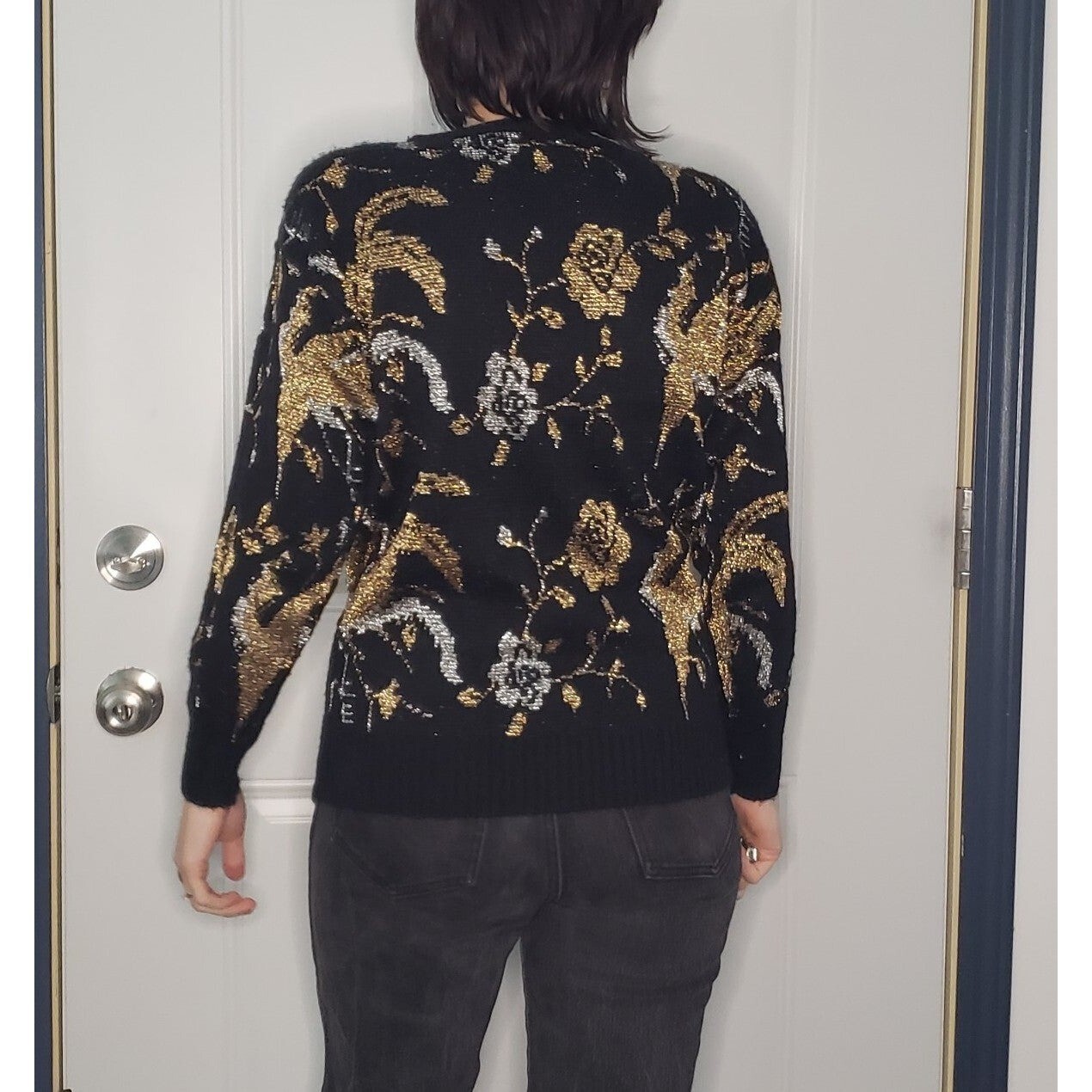 80s Black, Gold, and Silver Rose Sweater