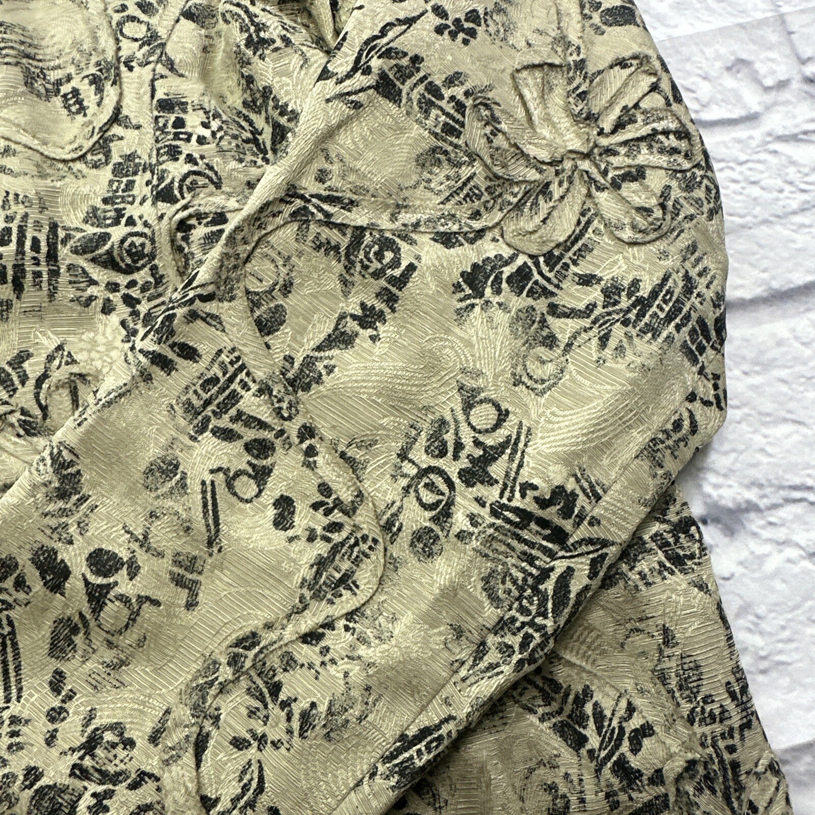 Chico’s Jacket silk linen blend Asian kimono style floral print Tan Black Med 2