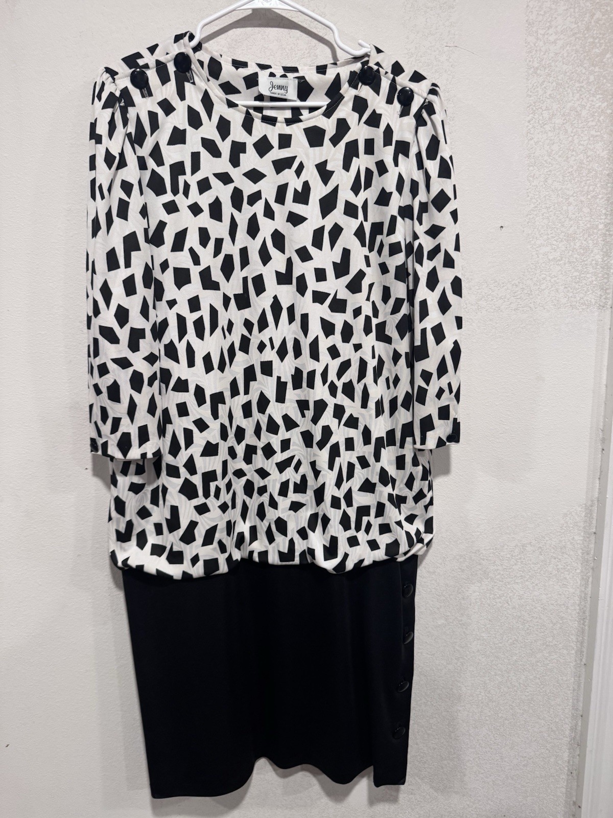 Vintage 80s Jenny USA Made Blouson Dress Buttons Black White Tan Geometric L
