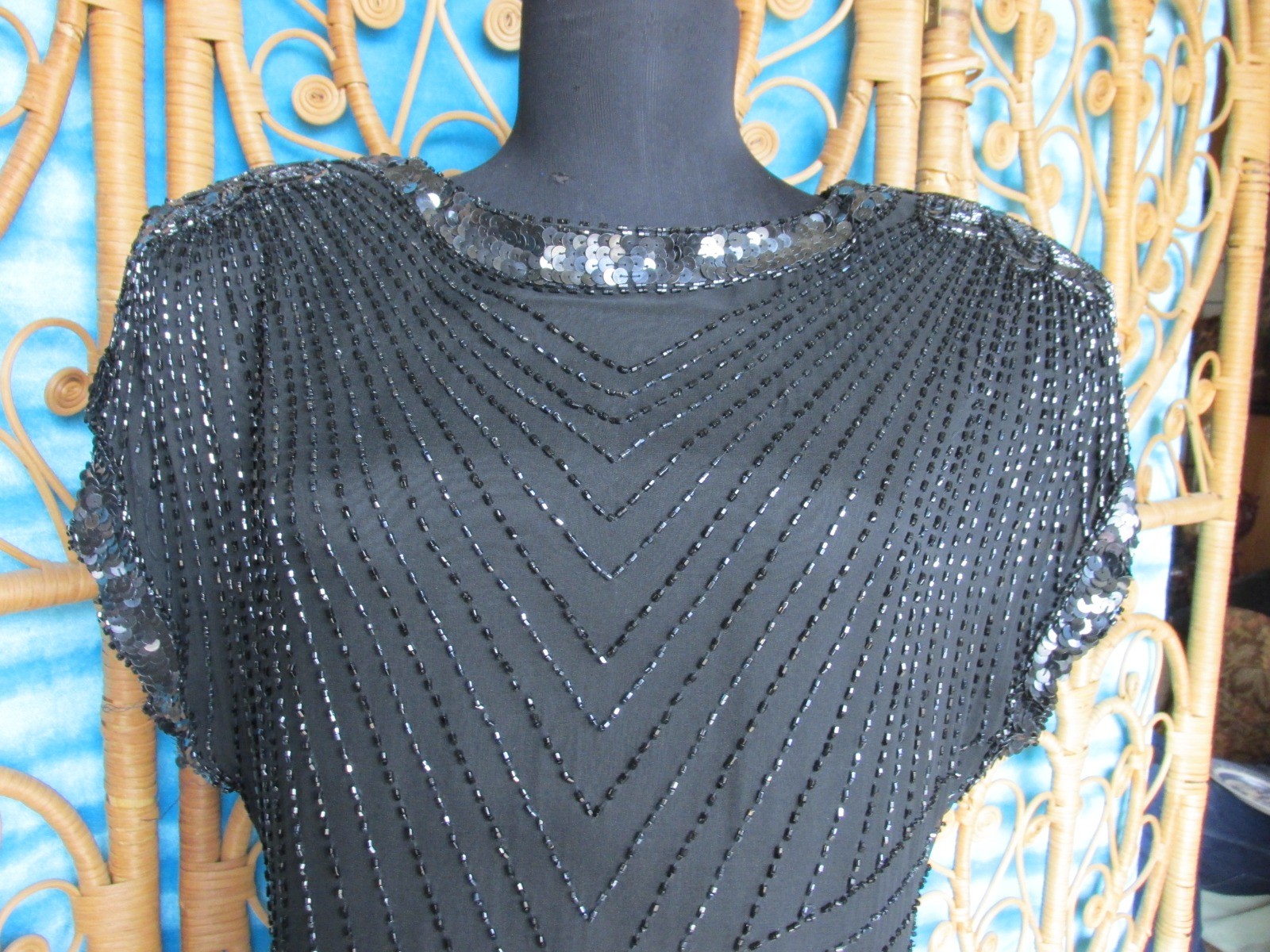 Vintage Para Black Silk Beaded Gown Sheath Keyhole Back Flared Hem SZ 10