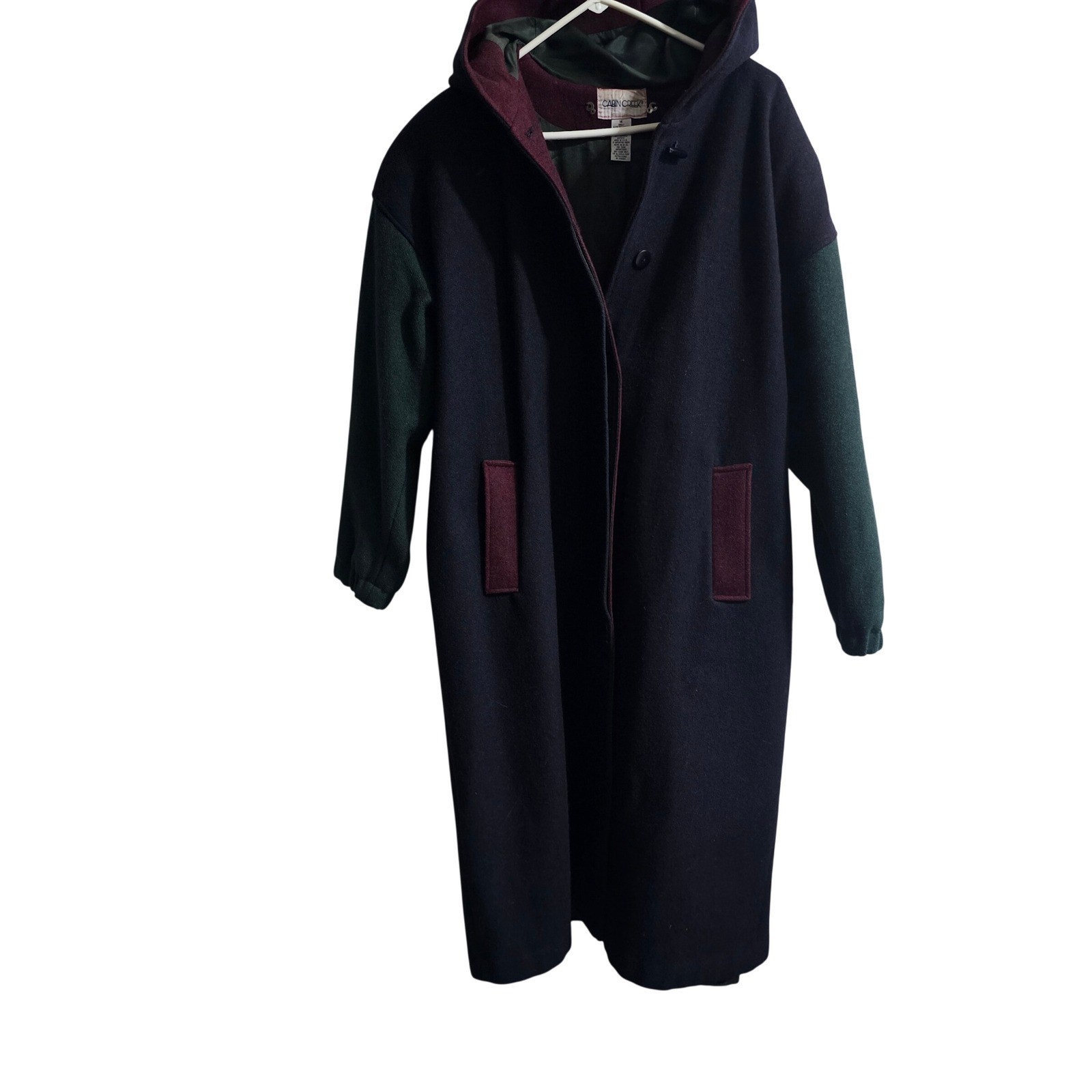 Cabin Creek Wool Blend Coat Women 14 Navy Blue Colorblock Hooded Vintage USA
