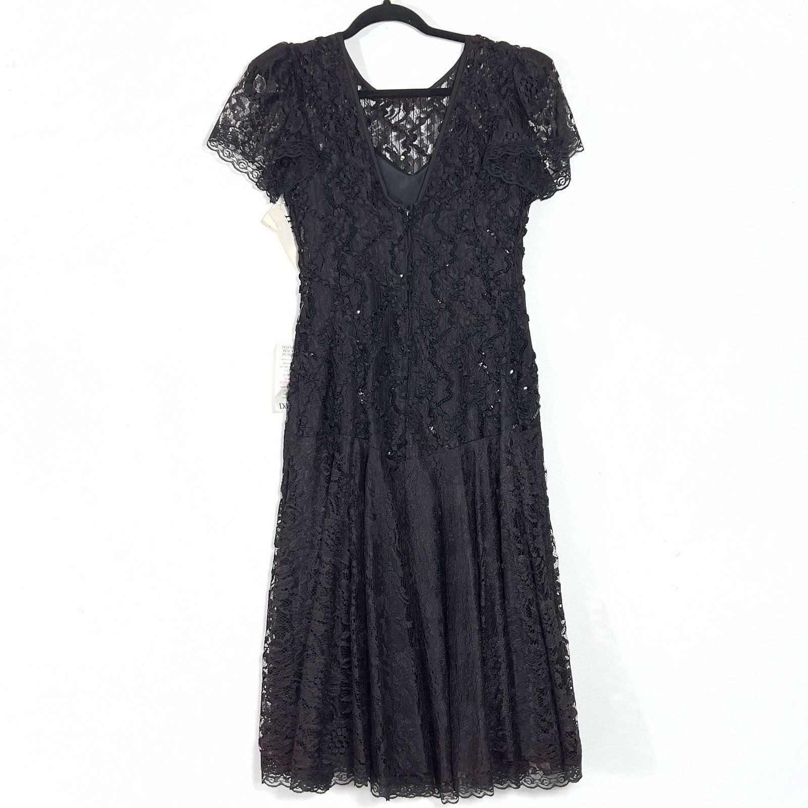 Vtg HW Collections Sequined Lace Overlay Midi Dress Sz S/XS Black Scoop Back