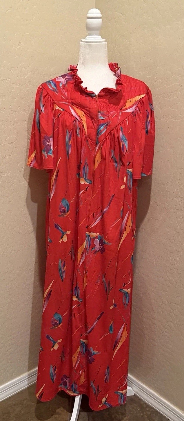 Vintage Granada Tropical Floral Caftan Lounger House Dress Robe Gown Red SZ 3XL