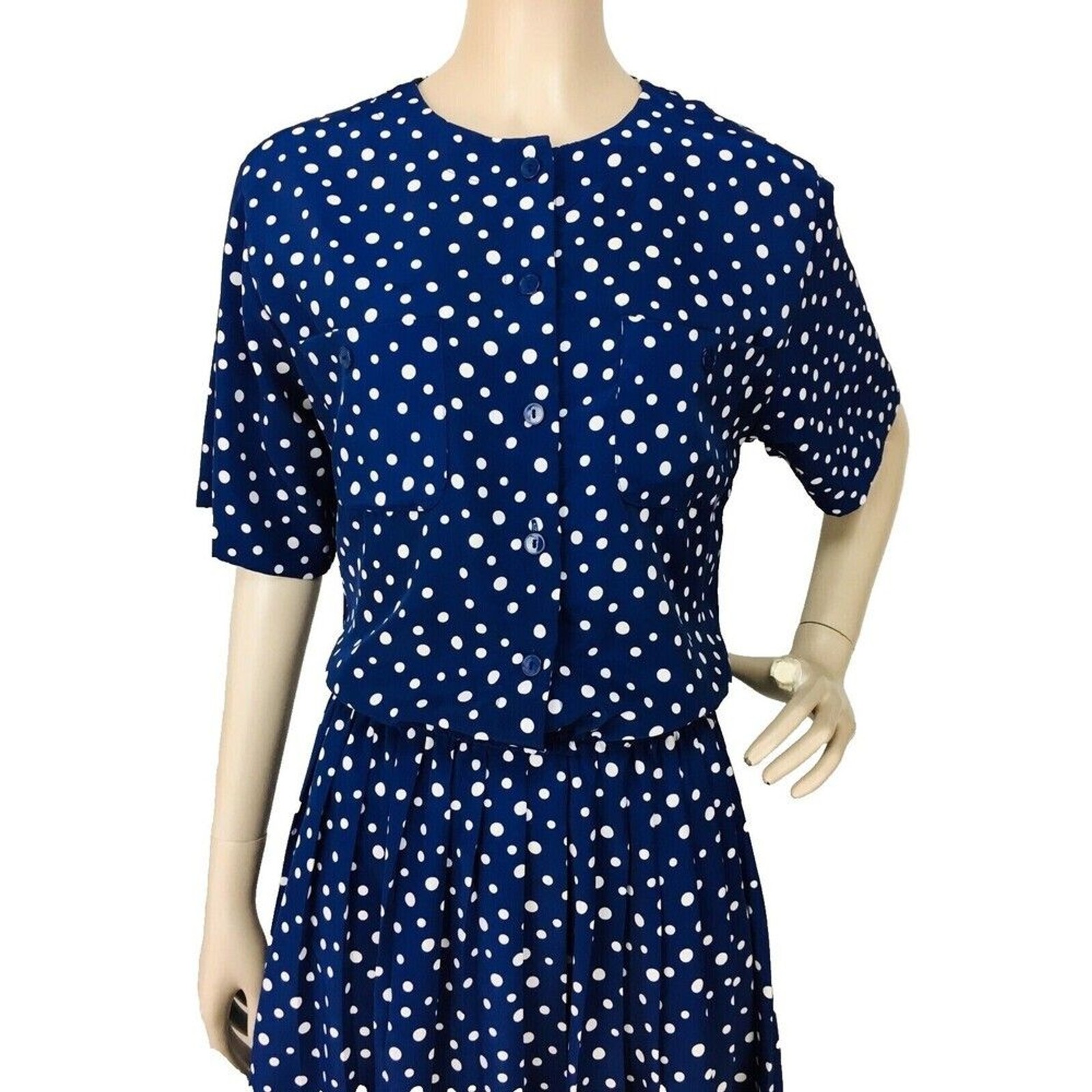 Vintage 80s Liz Roberts Navy Blue White Polka Dot Midi Button Front Shirt Dress