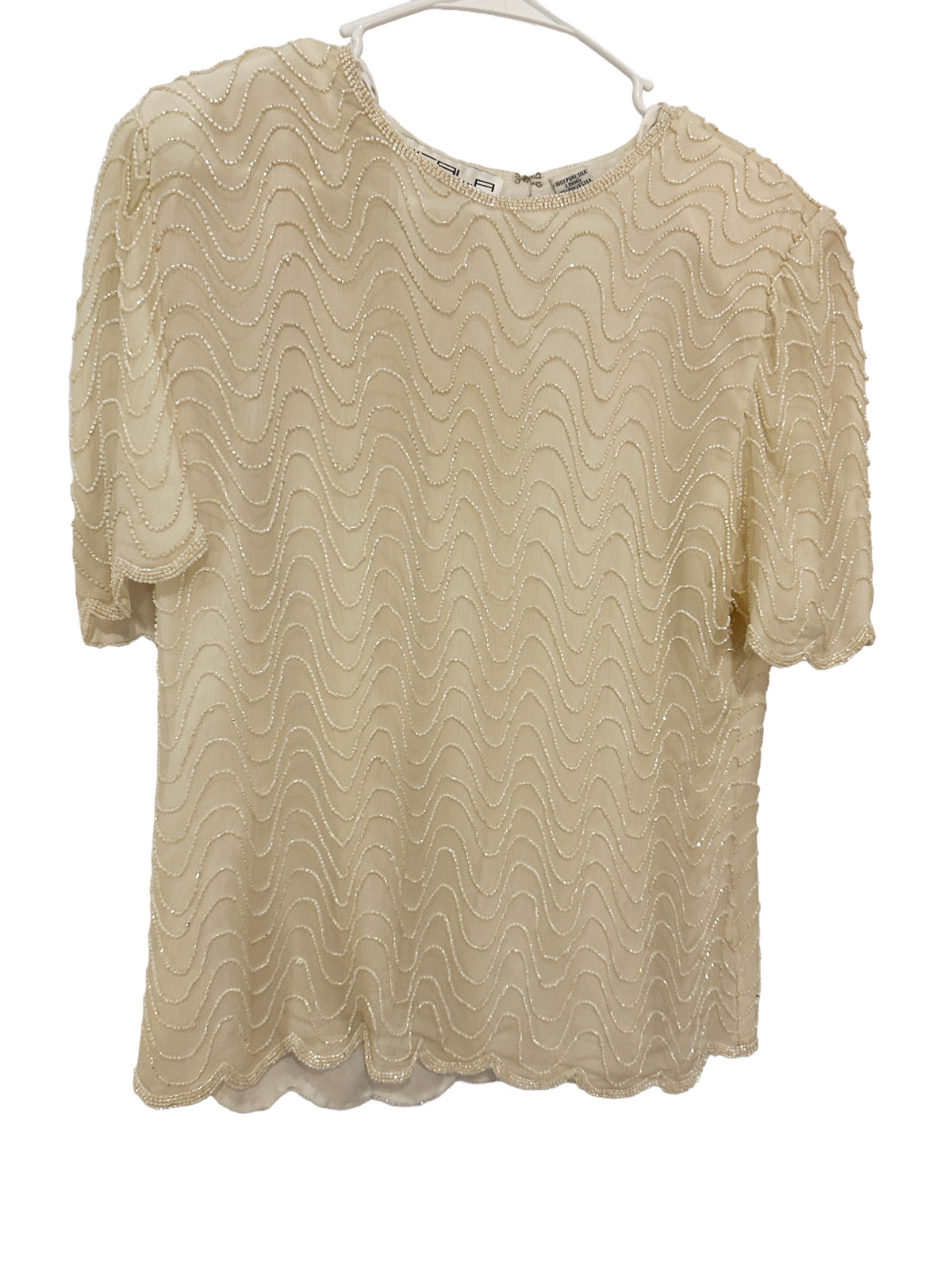Vintage Scala 100% Silk Beaded Wave Top Cream Evening Cocktail Blouse Medium