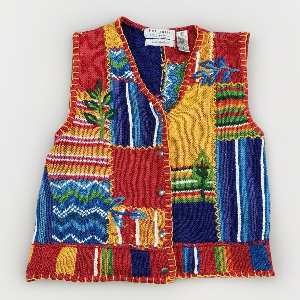 VTG Portraits by Northern Isles Sweater Vest M Hand Embroidered Knit Artcore