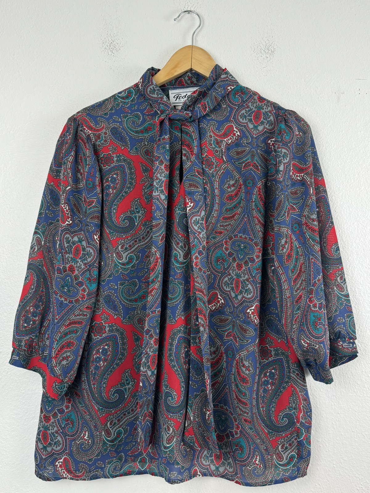 Vintage 1970s Teddi Of California Boho Blouse Top Half Sleeve Neck Tie Size 14