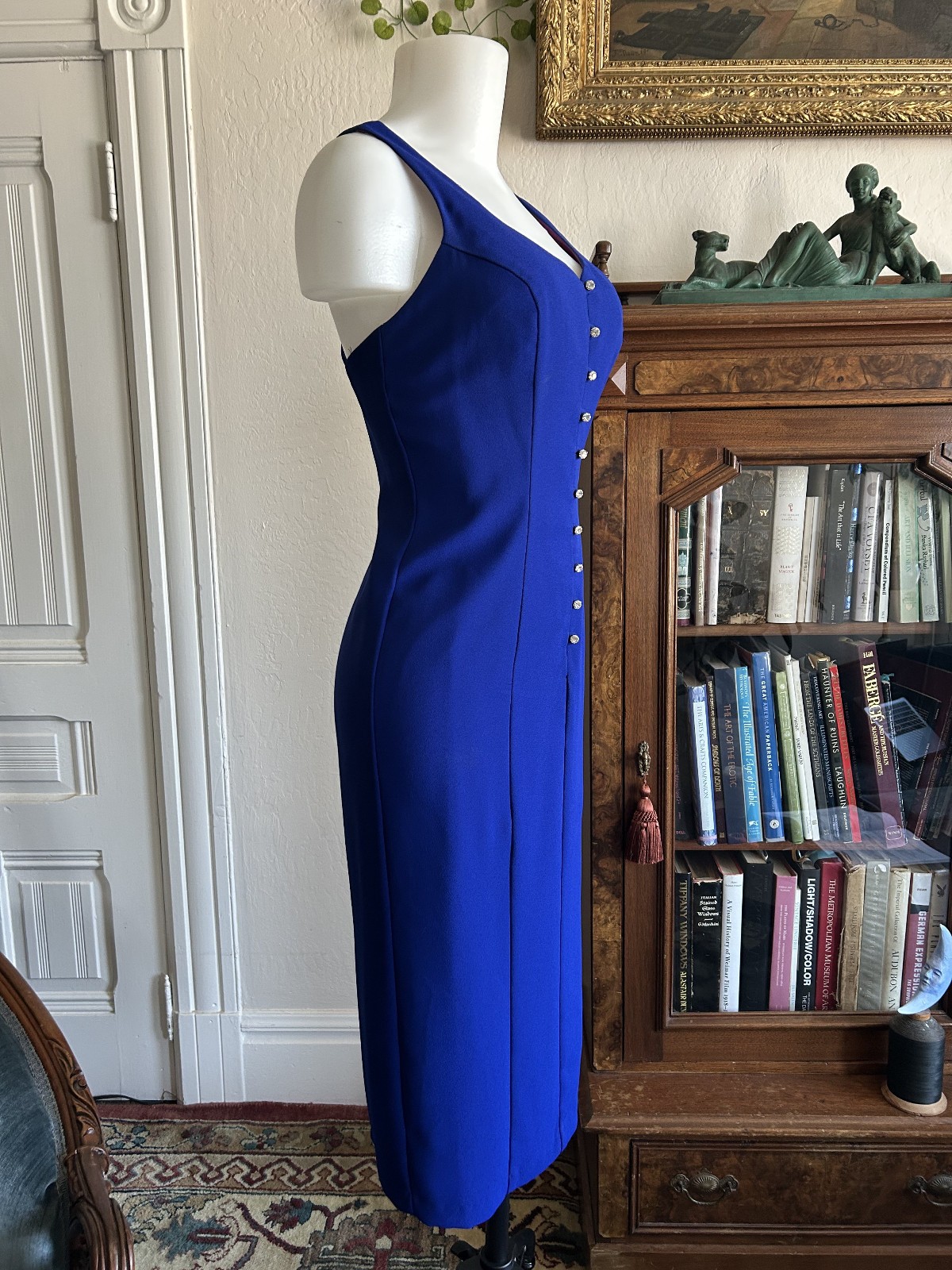 Vintage 1990s CDC Petite Blue Button Up Strappy Midi Wiggle Dress Sweetheart 6P
