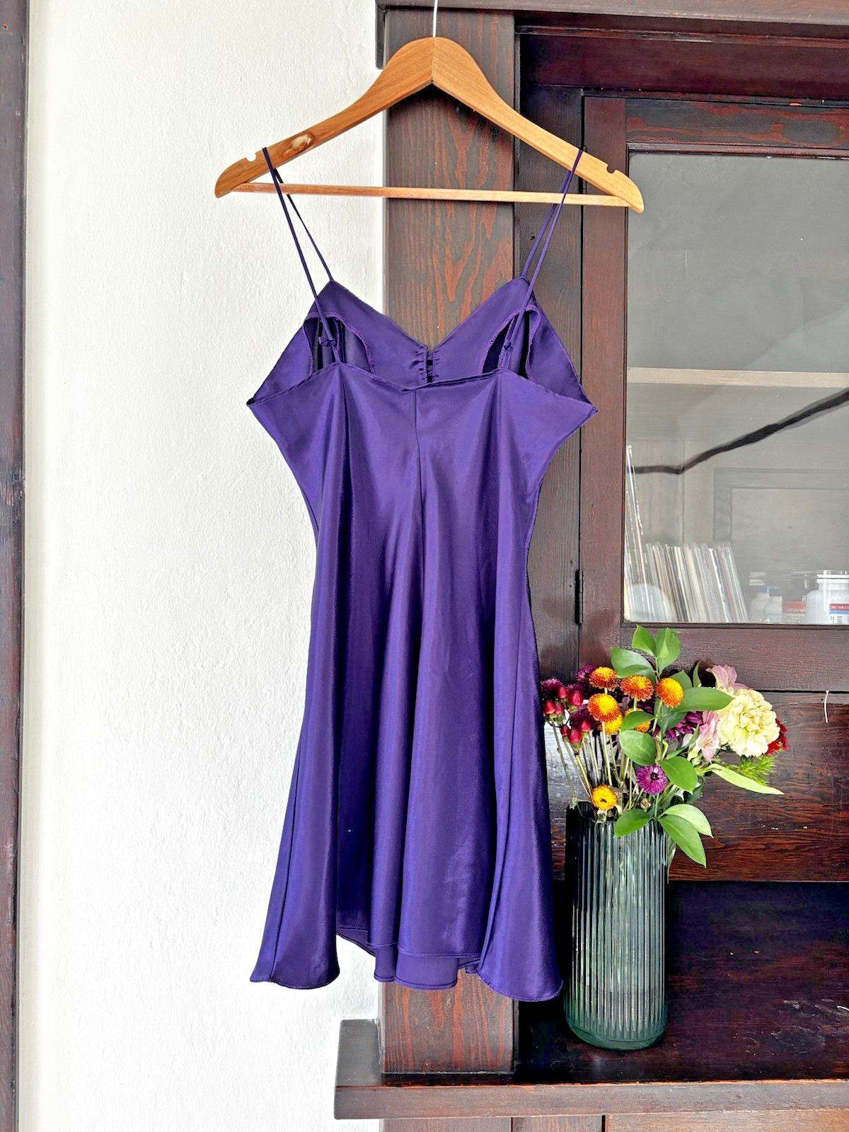 Shiny Romance Du Jour Purple Satin Vintage Slip Dress Flounce Skirt Size M USA