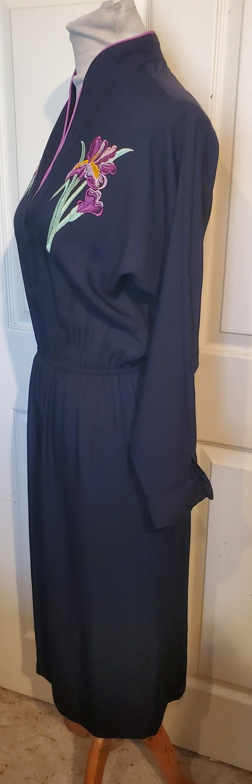 Vintage 70s Black Acetate Dress Miss Ashlee California Embroidered Iris B40