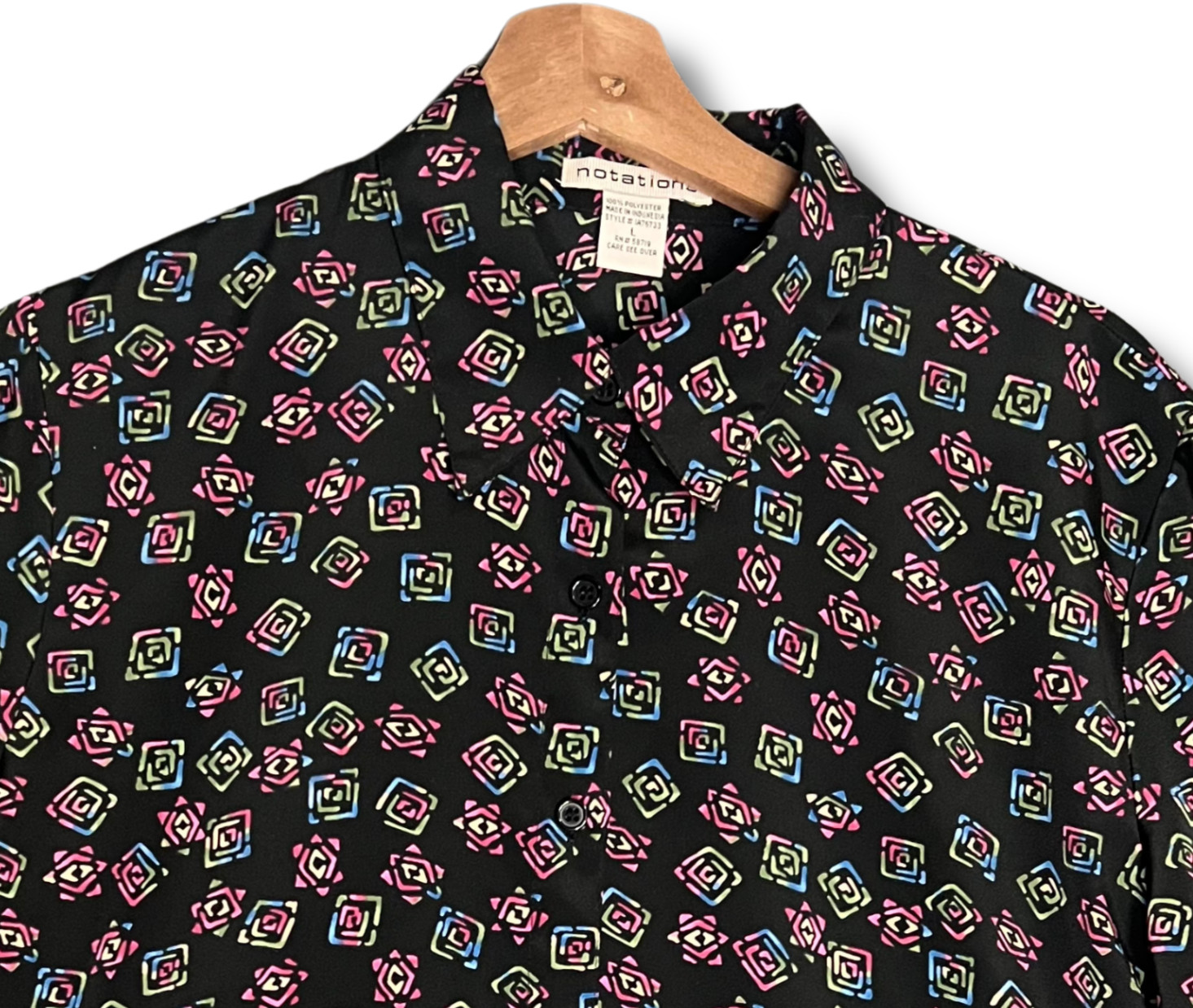 Vtg 80s Notions Large Button Up Short Sleeve Neon Geometric All Over Print