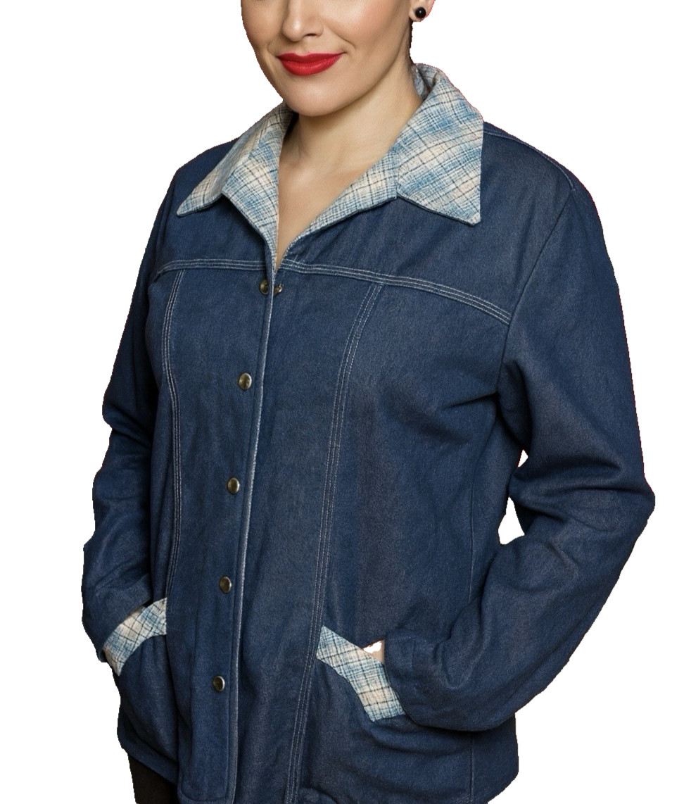 Vtg Prior Westerns Denver Denim Reversible Jacket Womens L Chore Coat Rockabilly