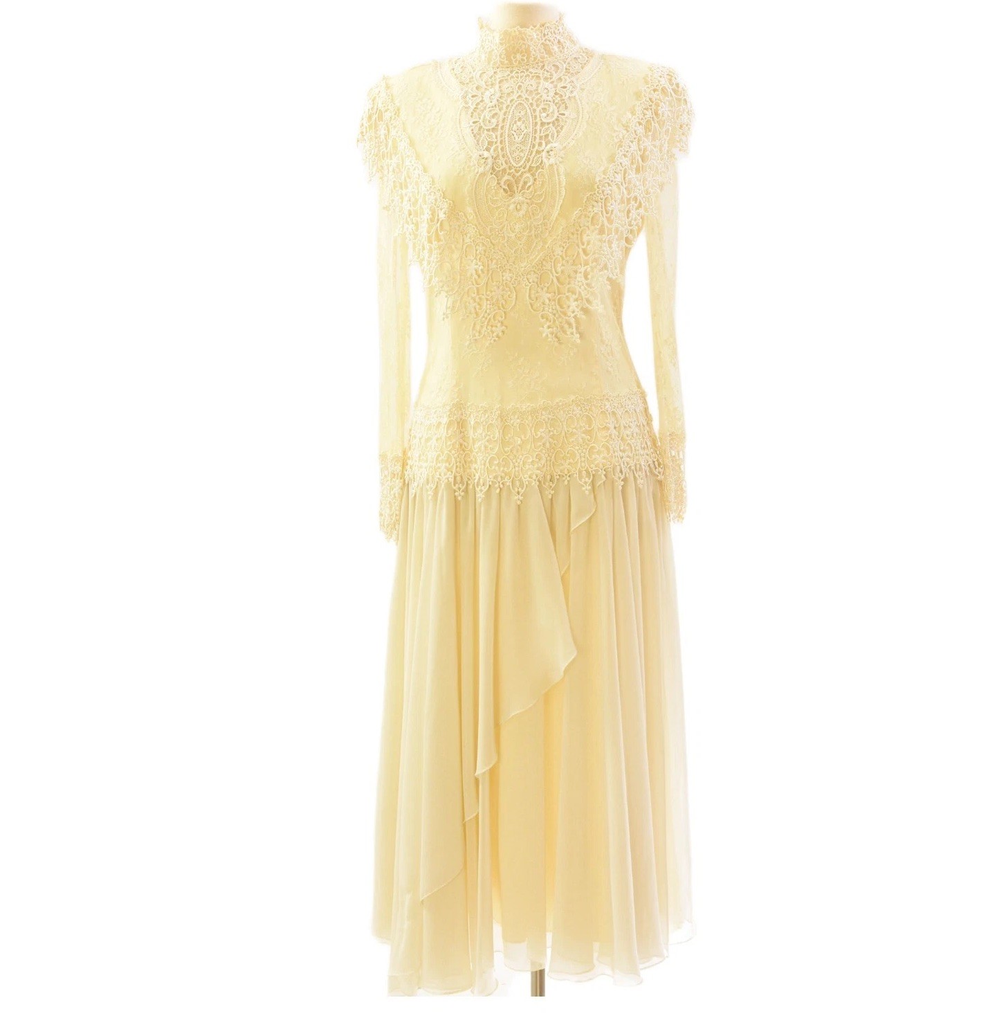 70s Vtg Jessica McClintock Ivory Lace Prairie Bridal Dress M Stand up Collar
