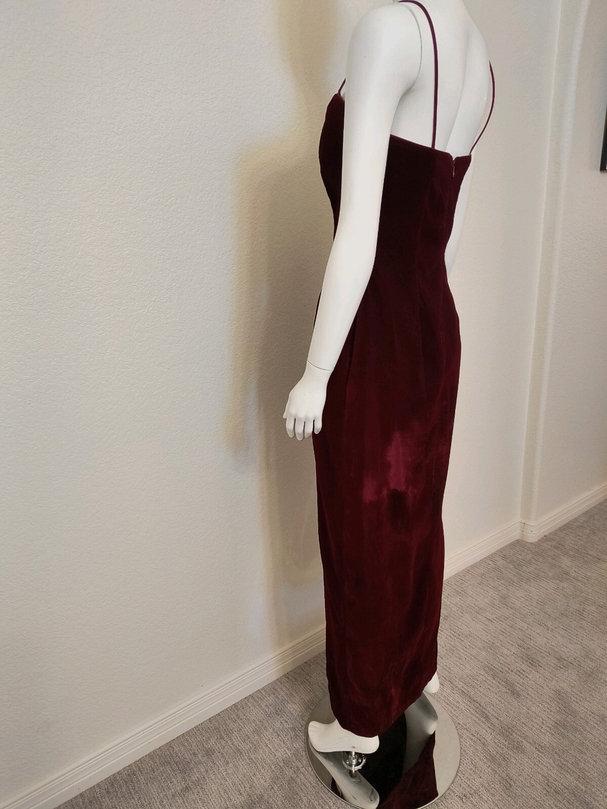 1990s L.A. GLO Burgundy Velvet Long Cabaret Gown w/ Leg Slit, Sz 9-10