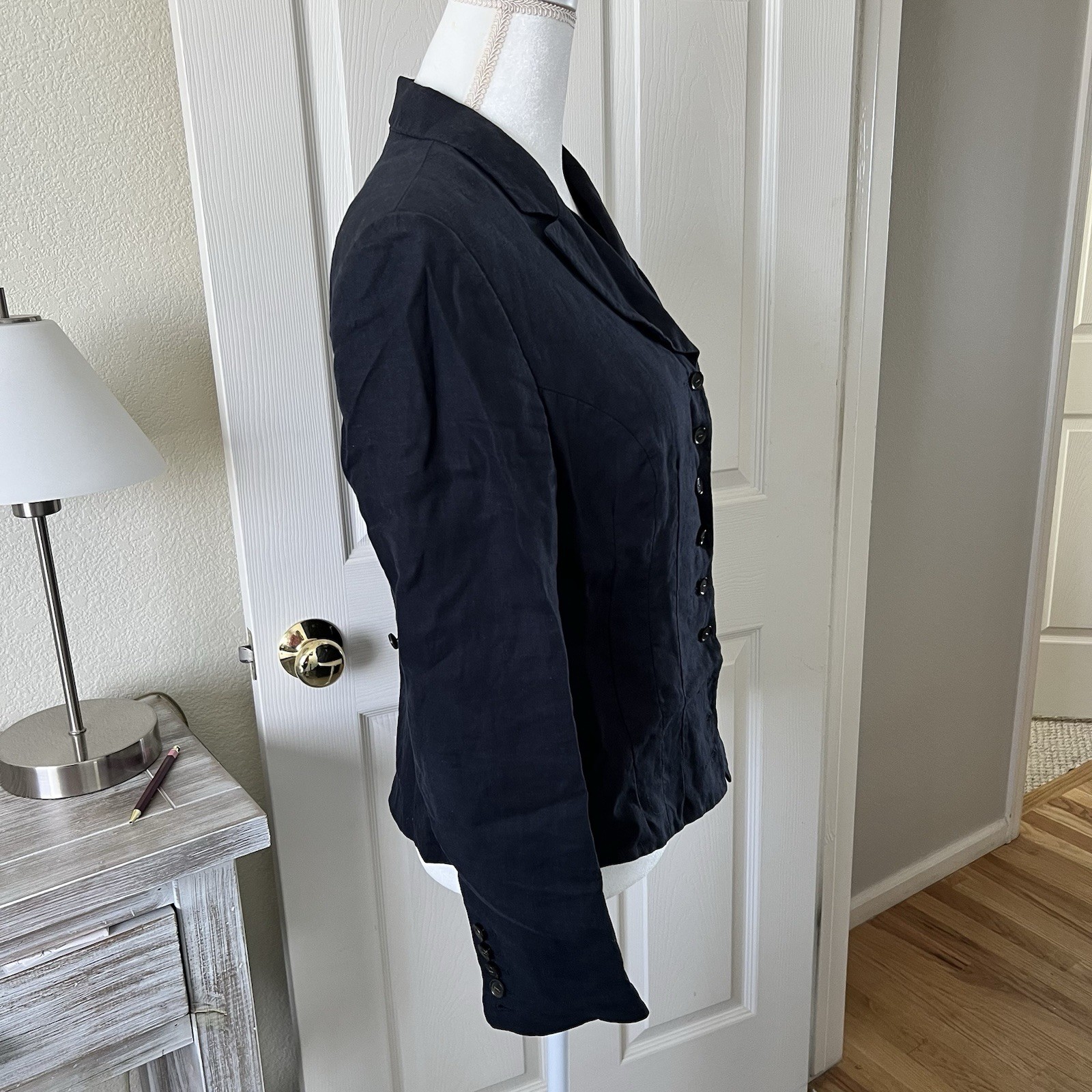 Vintage 90s European Linen Blazer Size 8-10 Fitted Flare Silhouette Navy Blue