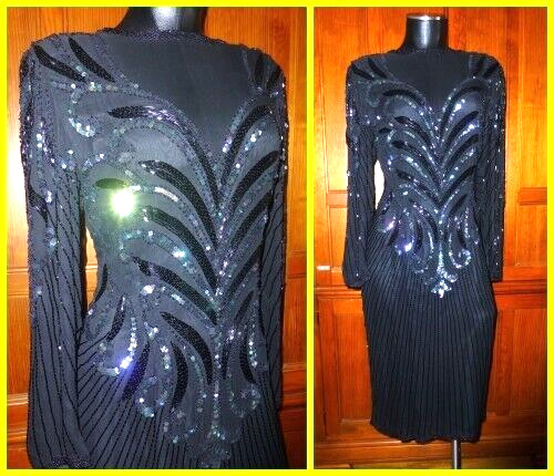 Vtg 80s AJ BARI DECO Silk Sequin Beads EMBROIDERED Black Formal Sheath DRESS 10