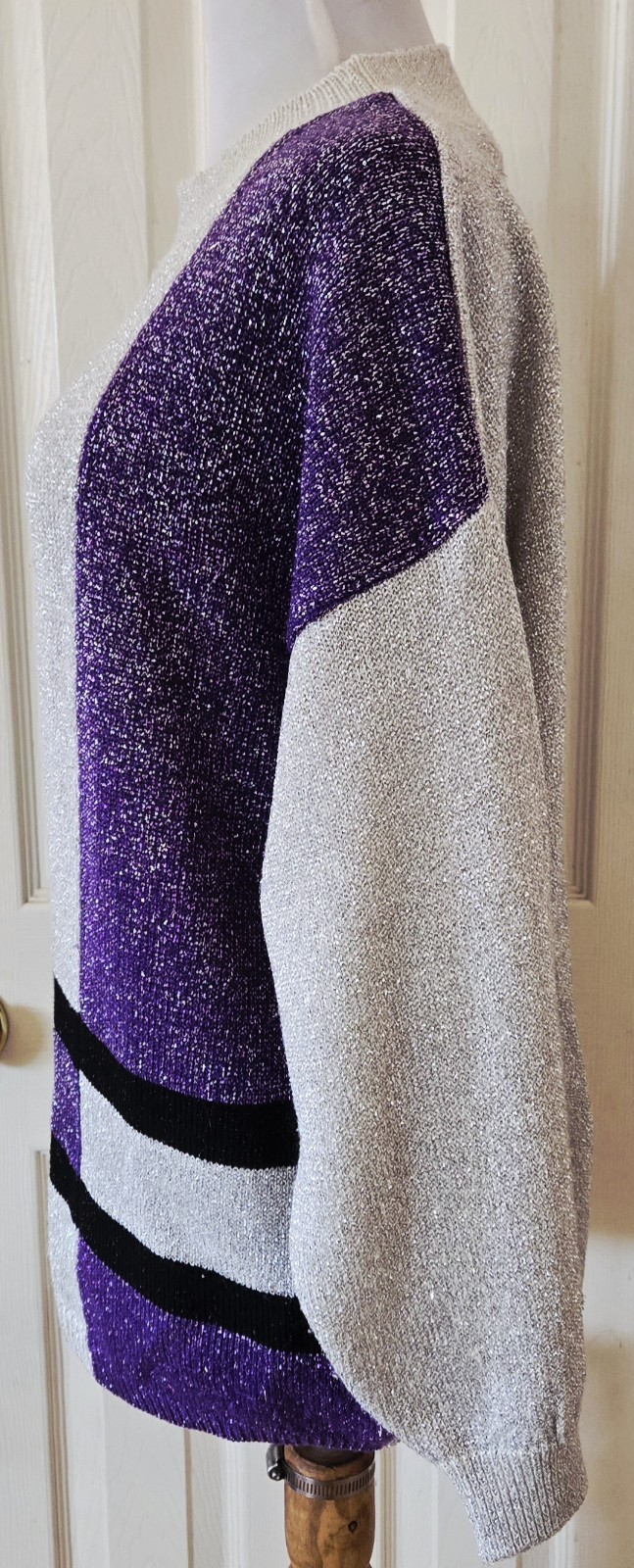 1980s SHENANIGANS Metallic Silver Black And Purple Color Block Sweater Sz Small