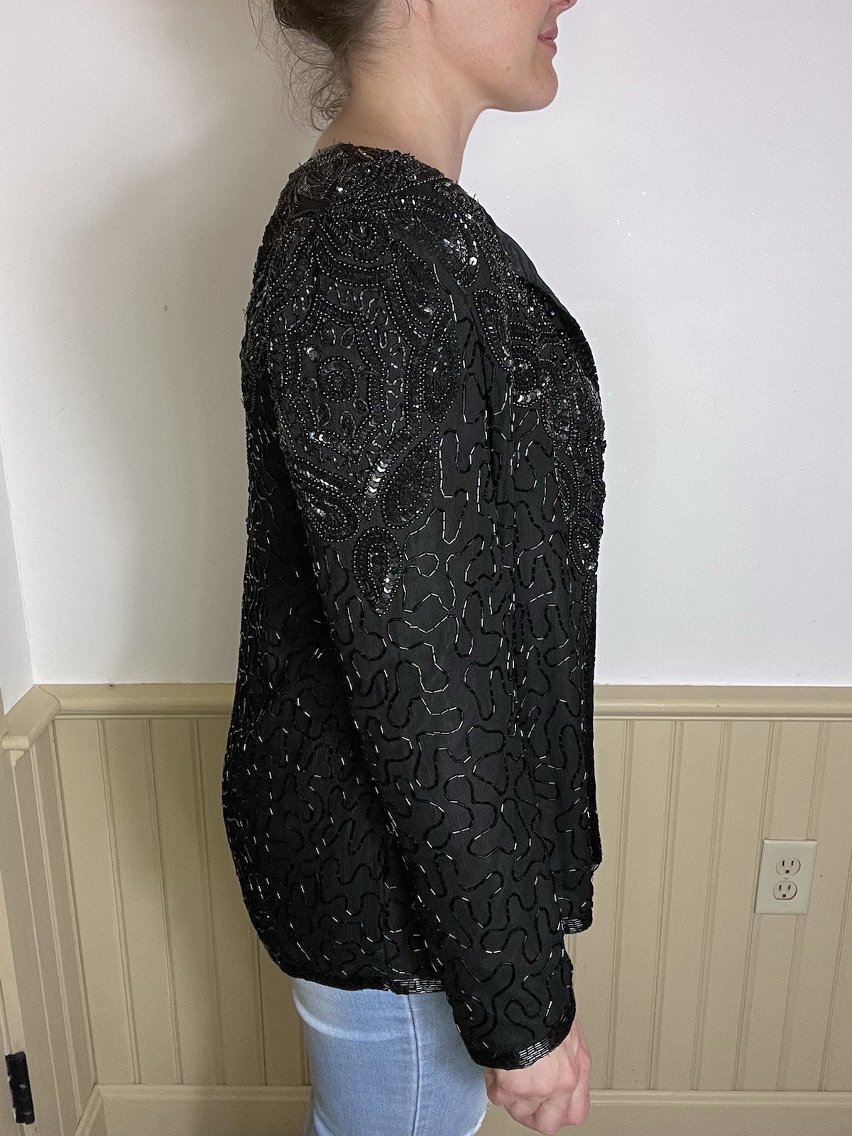 Vintage Adrianna Papell Evening L Black Silk Beaded Jacket Sequins Wedding Party