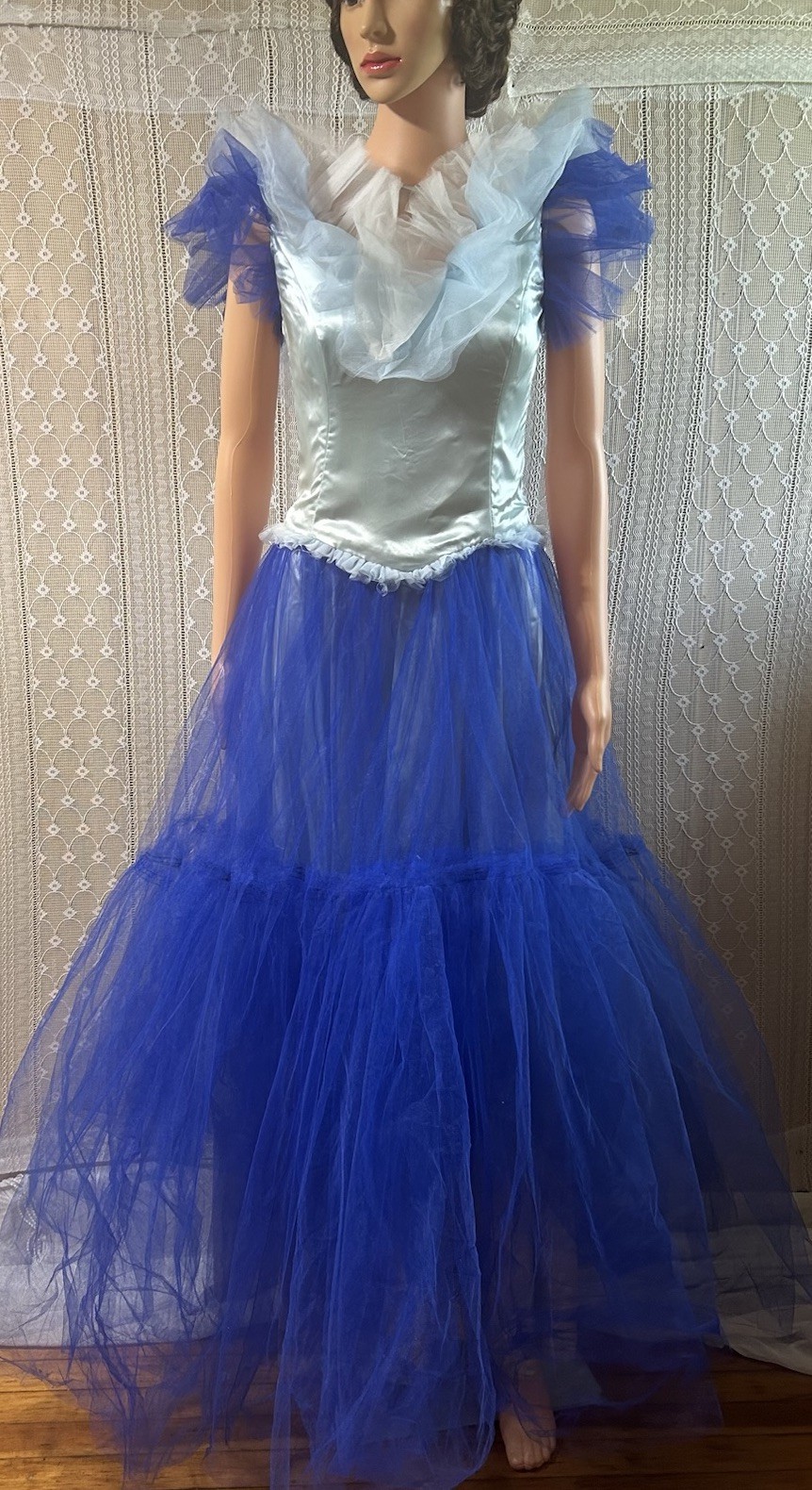 Vintage Tulle Ball Gown 34″w Theatrical Drama Ruffle Dress, Blue 80s 50s Prom
