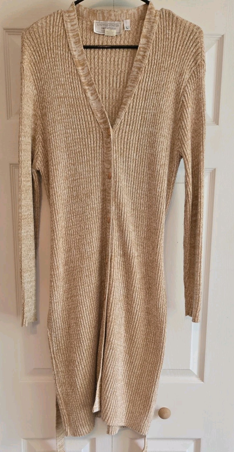 United States Sweaters maxi Dress Rib Knit Button Split Front Sz L belt beige