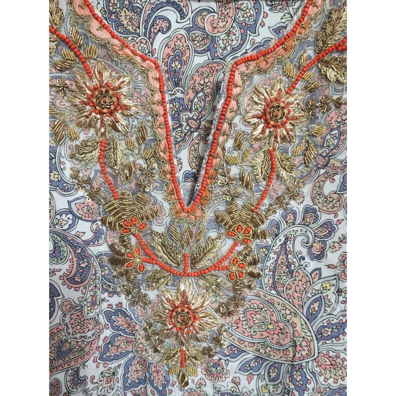 Soft Surroundings Women’s Paisley Embroidered V-Neck Tunic Beaded Gold Sz XL EUC