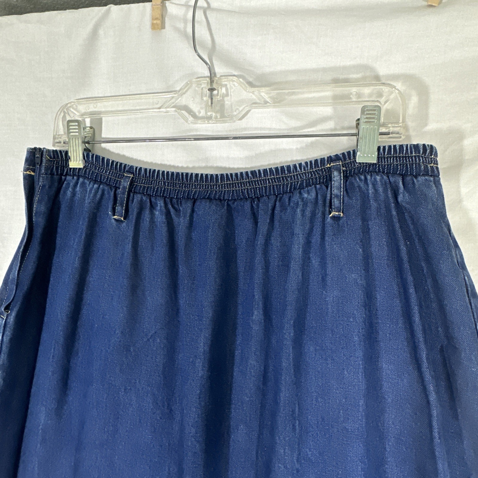 Vtg Y2K Maxi Denim Chambray Skirt Sz XL Elastic Back Belt Loops Med Stone Wash