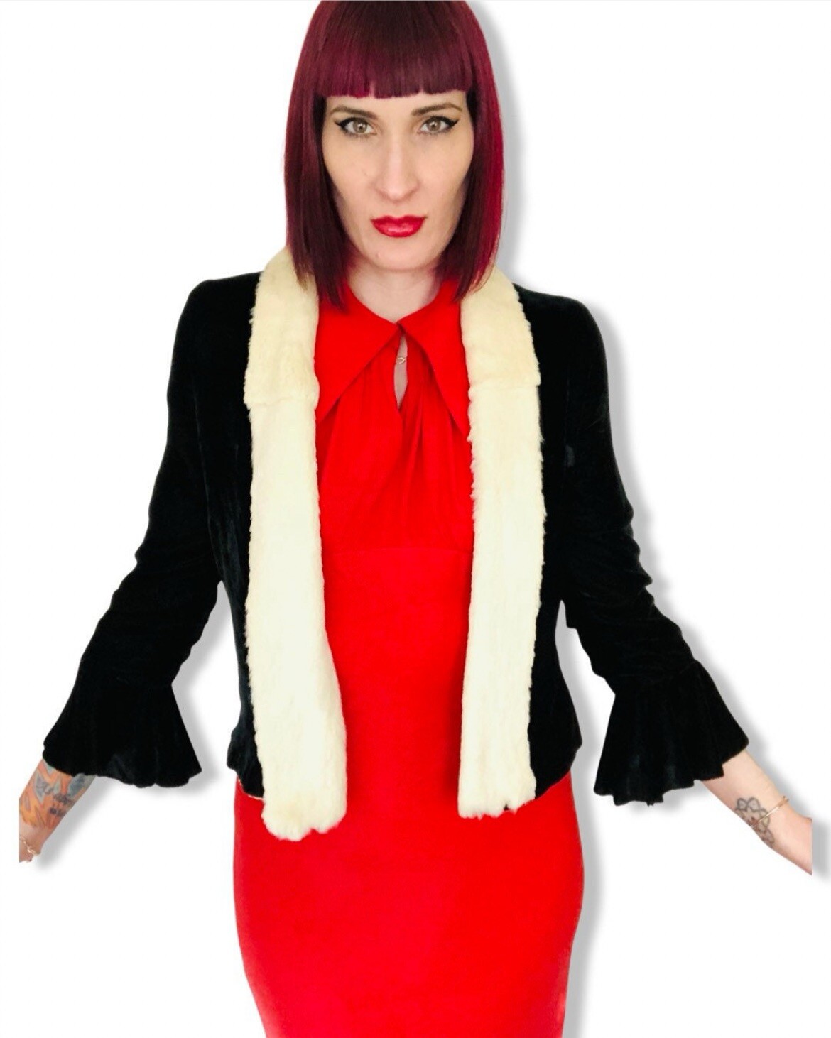 Antique Vintage 1920s Black Silk Velvet Trumpet Sleeve Jacket White Ermine Fur