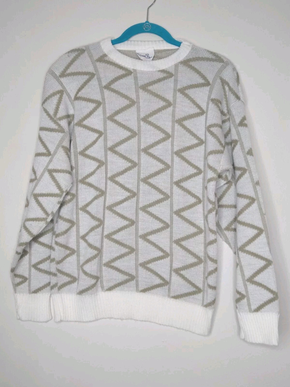 Vtg Acrylic Geometric Sweater Knit Crew Neck 80s 90s S Retro White Tan Preppy