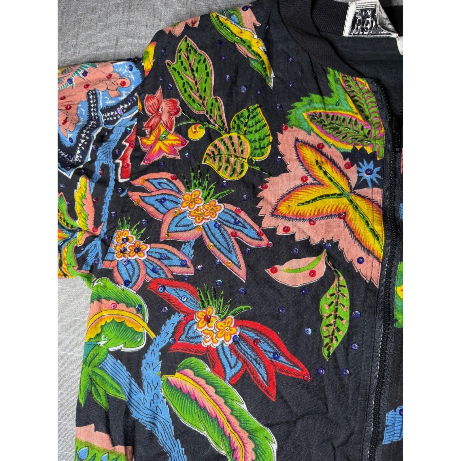 Speed Limit MPH Vintage Floral Sequin Beaded Crop Bomber Jacket Black Medium