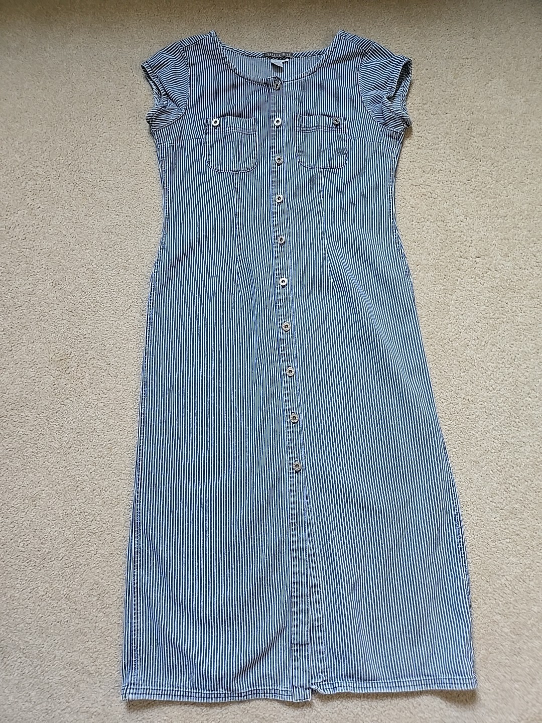 Isabella Bird Anthro denim midi dress 8 blue white stripe short cap sleeve