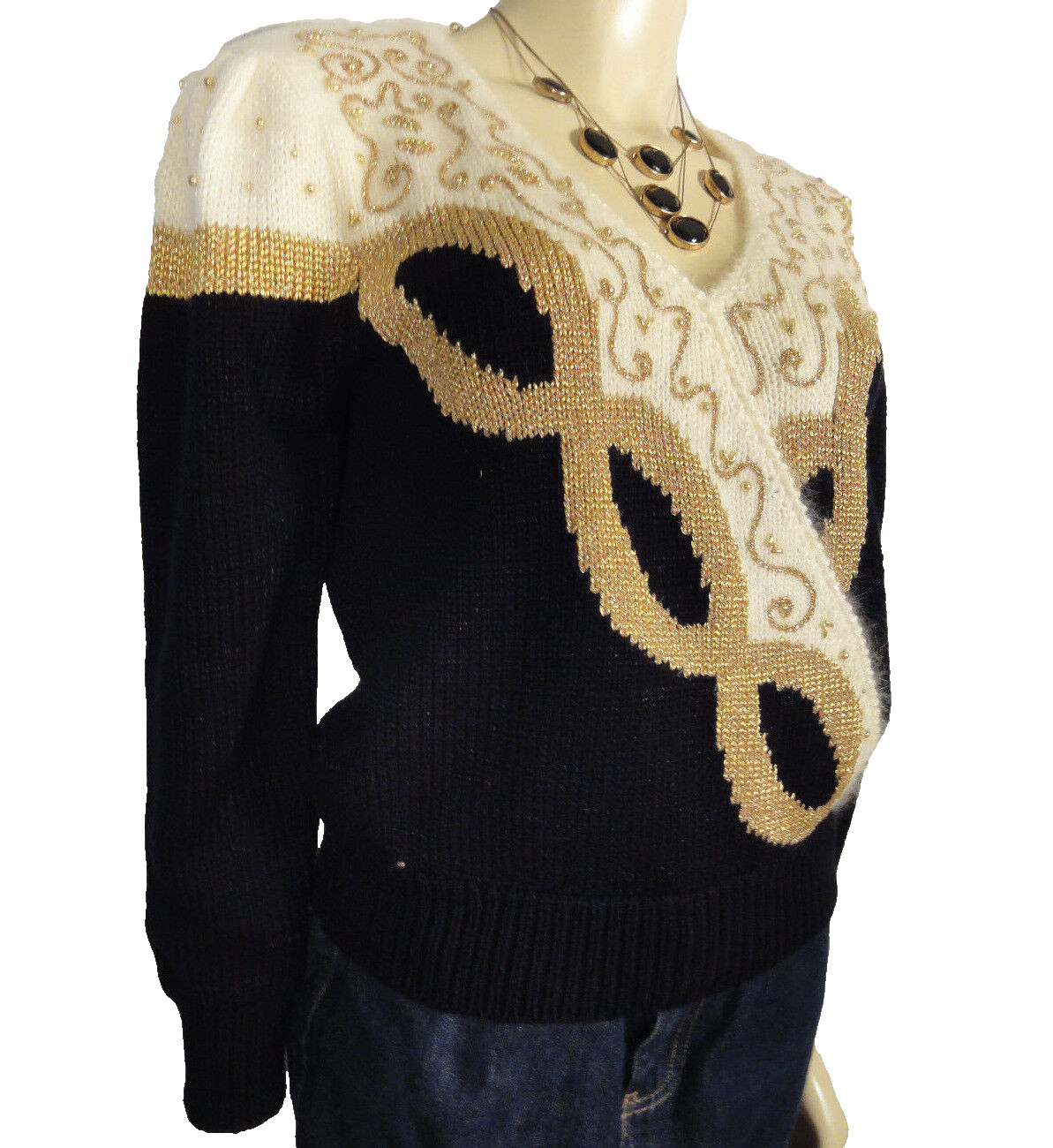 DANA SCOTT Vintage black, gold and white sweater with gold beading size Medium