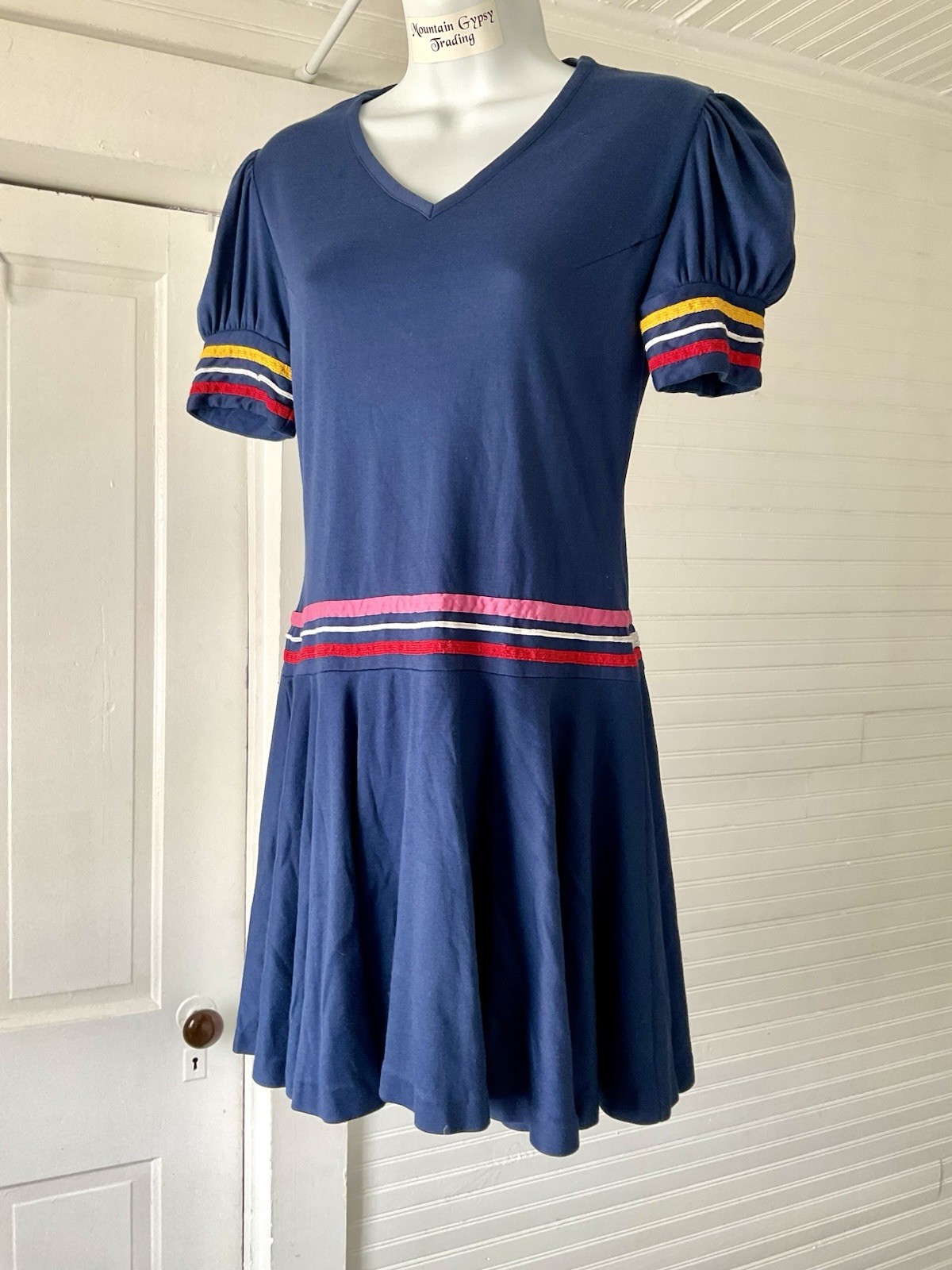 Vintage Sears Jr Bazaar Navy Blue Mod GoGo Sailor Dress Drop Waist Circa 1970’s
