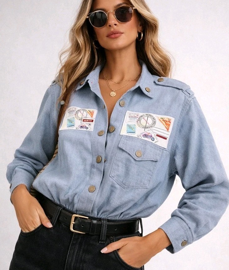 Madness Vintage USA Chambray Bodysuit Womens S Artsy Travel Americana Patches