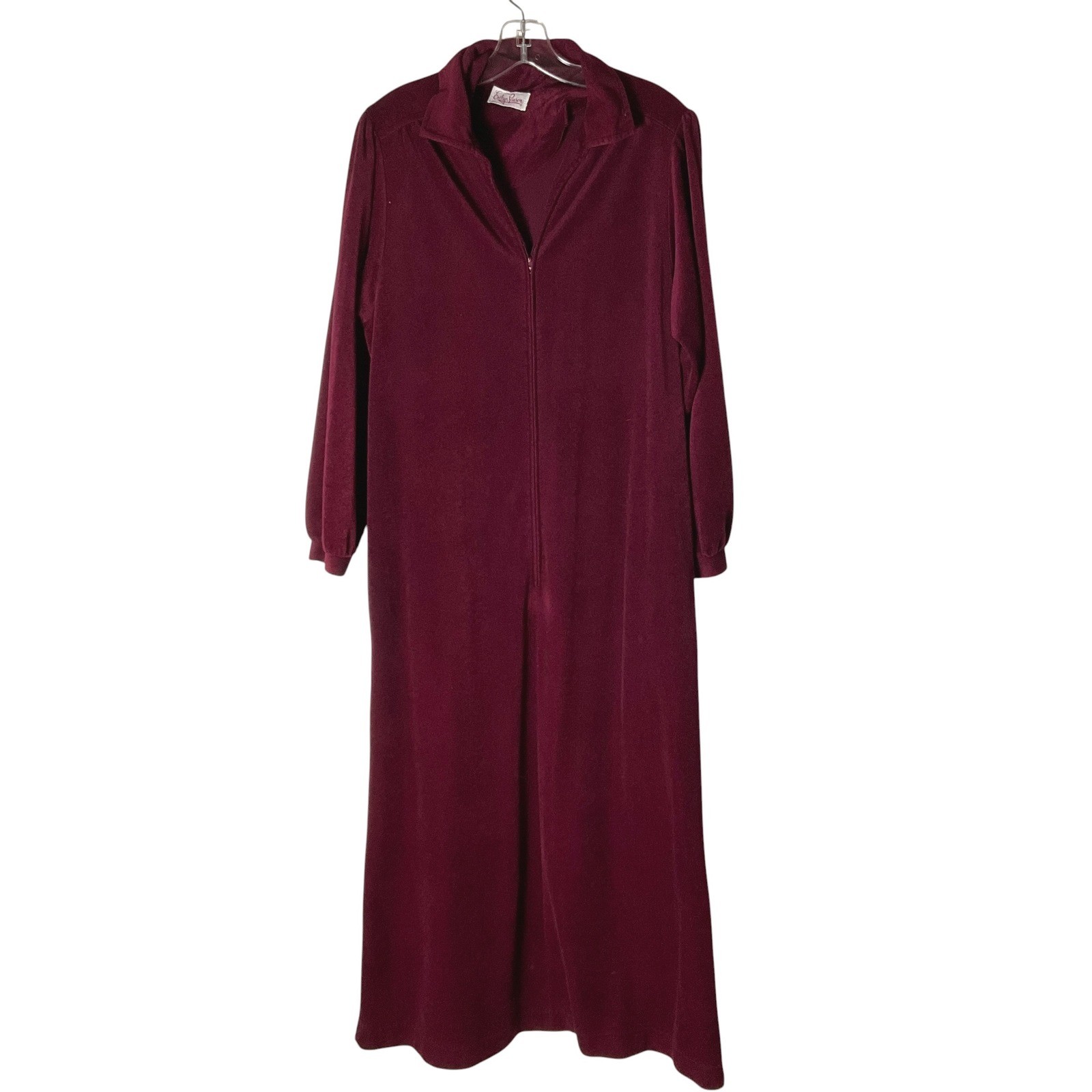 Evelyn Pearson Vintage Velour Robe Burgundy Zip-Front Long-Sleeve Lounger Dress