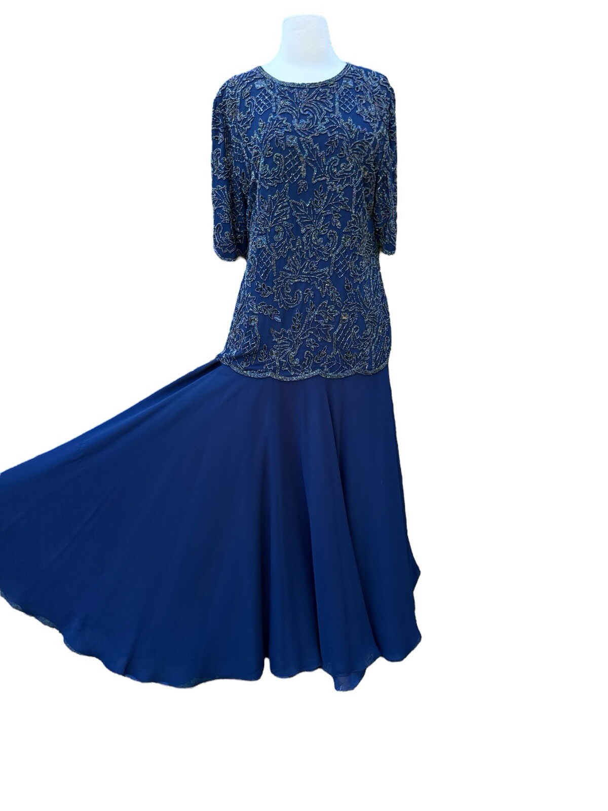 vtg 80/90’s Channa Navy Blue Beaded Mother Of Bride Dress L/XL Chiffon Wedding