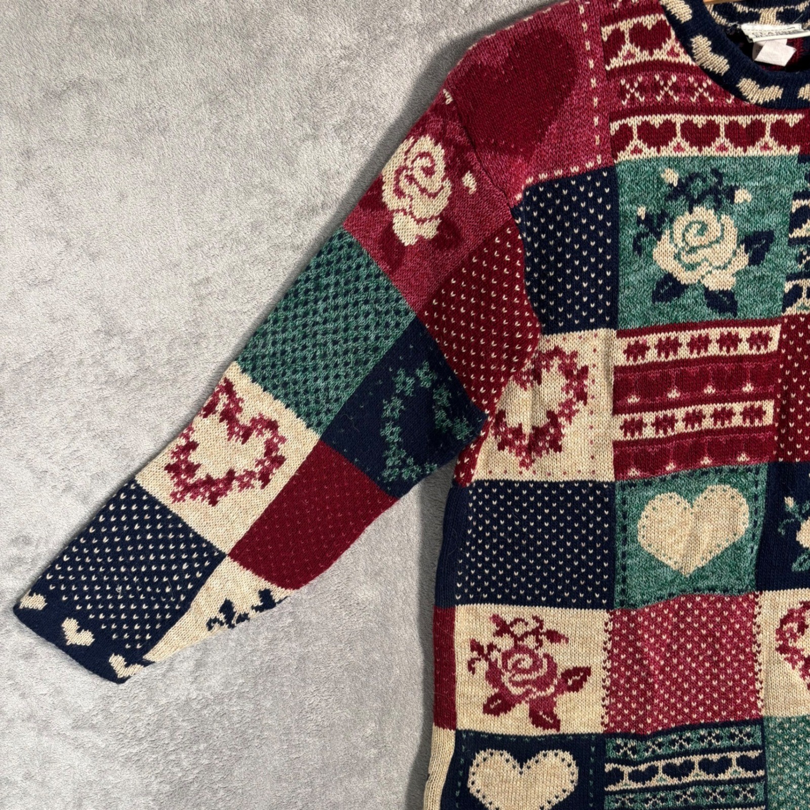 Classic Elements Vintage 90s Patchwork Heart Rose Knit Sweater Petite Large USA