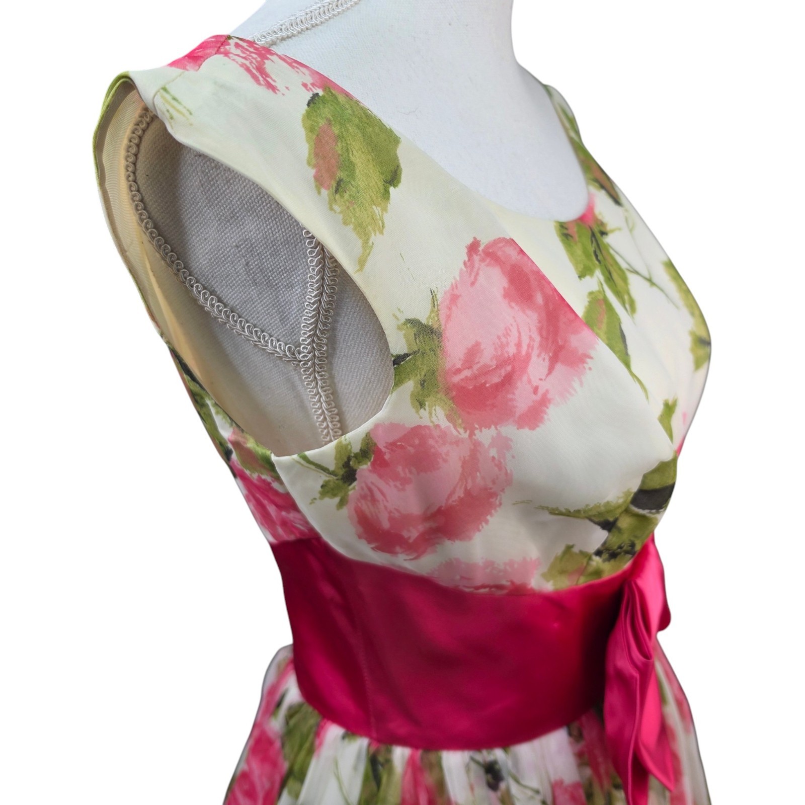 Vtg 1950-60s Floral Cocktail Party Dress Pink Bow Fit Flare Womens Small Costume