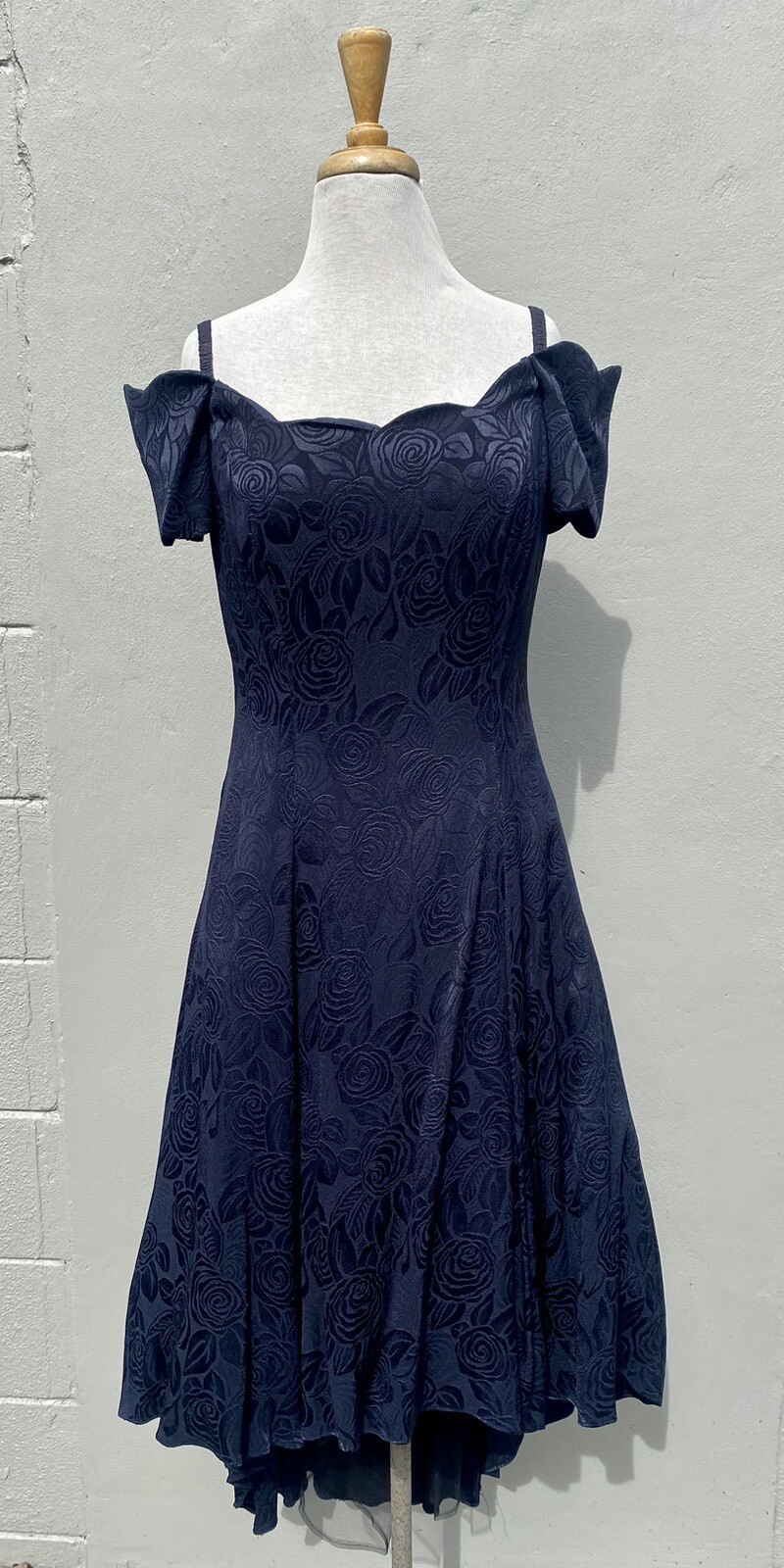 Vtg Hollywood Nites Blue Brocade Floral Formal Dress Midi Sz 14 Crinoline 90s