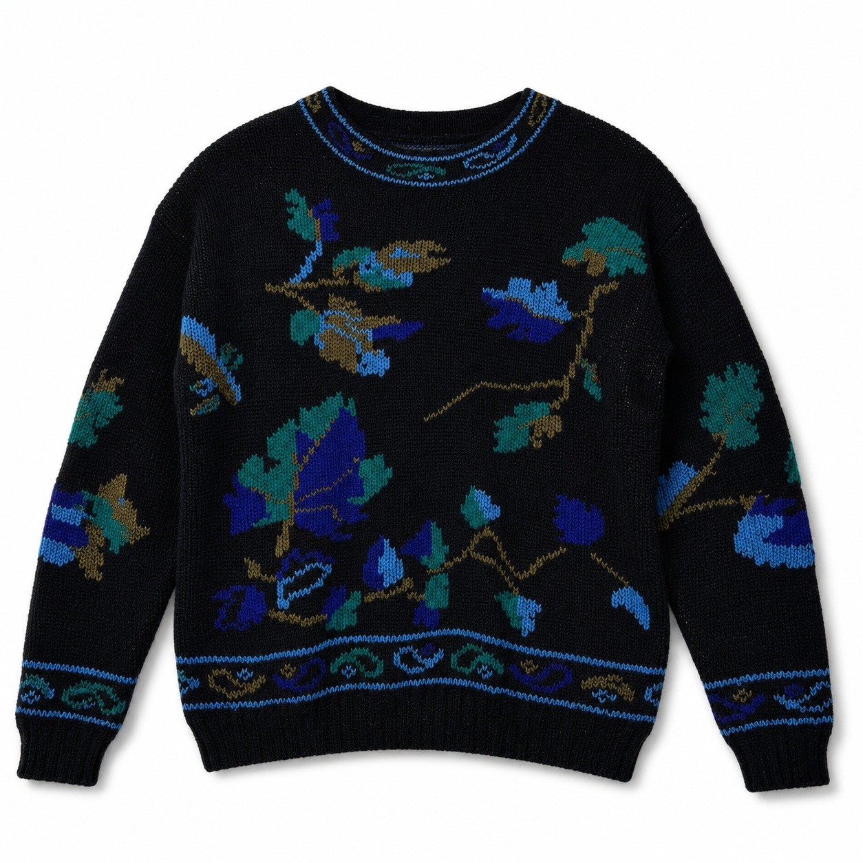 Cambridge Spirit Vintage Shetland Wool Floral Intarsia Sweater Black Small
